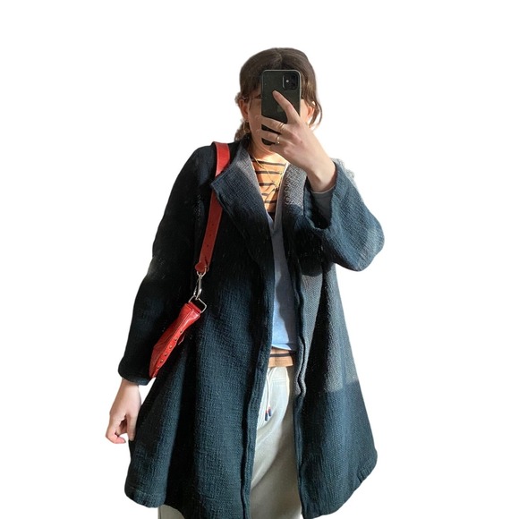 Bryn Walker Oversized Chunky Dark Navy Midi Coat XL Artsy Hygge Cozy Jacket Soft